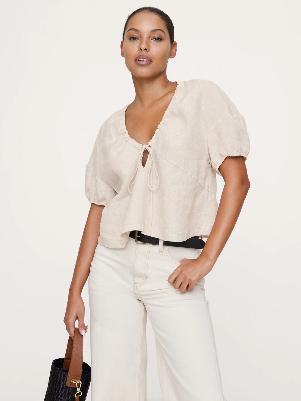 Banana Republic Linen Short Sleeve Tie-Front V-Neck Blouse Natural Womens XL NWT